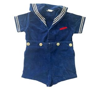 VINTAGE 50s Goodlad Navy Blue Sailor Boys Romper Nautical Velour Size 3T